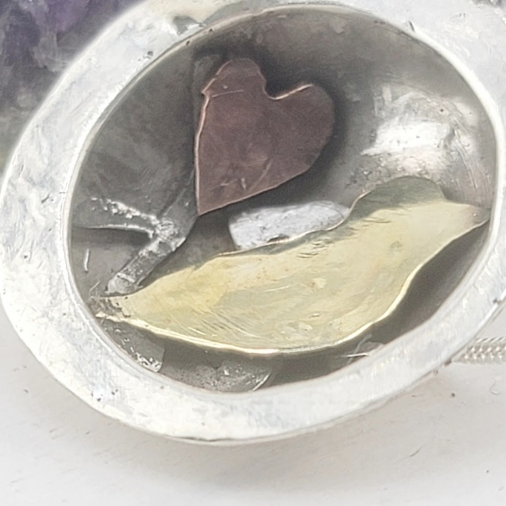 BIRD HEART HOLLOW PENDANT HANDMADE IN STERLING SILVER,COPPER & BRASS METAL - Picture 6 of 6